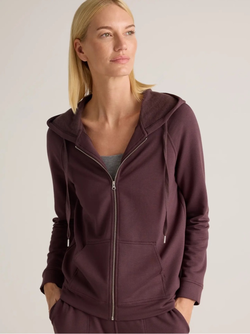 Quince SuperSoft Fleece Full-Zip Hoodie Dried Fig Large Brown Purple